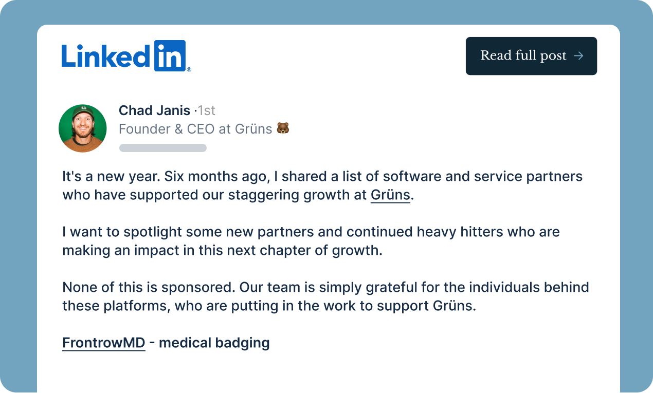 LinkedIn post by Max Ninthara praising FrontrowMD widget for doubling conversions and enhancing credibility without compensation.