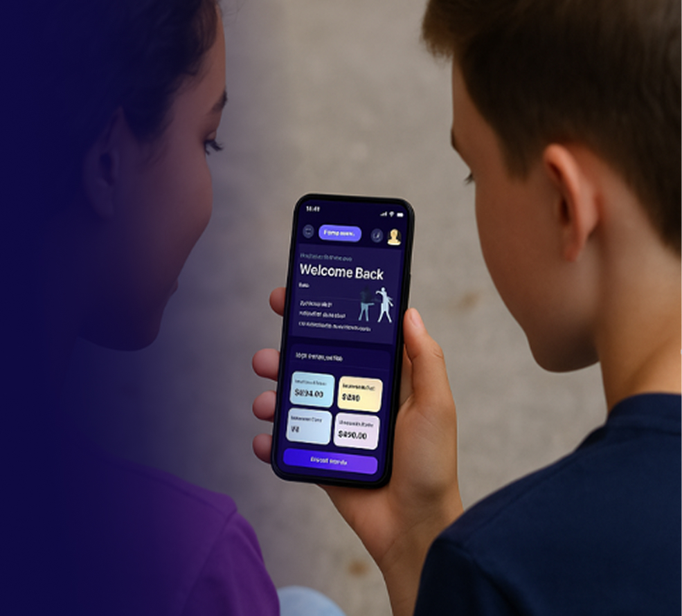 Kids using student rewards card education app on phone.