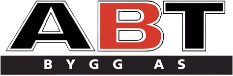 Logo med teksten ABT i store bokstaver, der B er rød og A og T er svarte, over en svart stripe med teksten BYGG AS i hvitt.