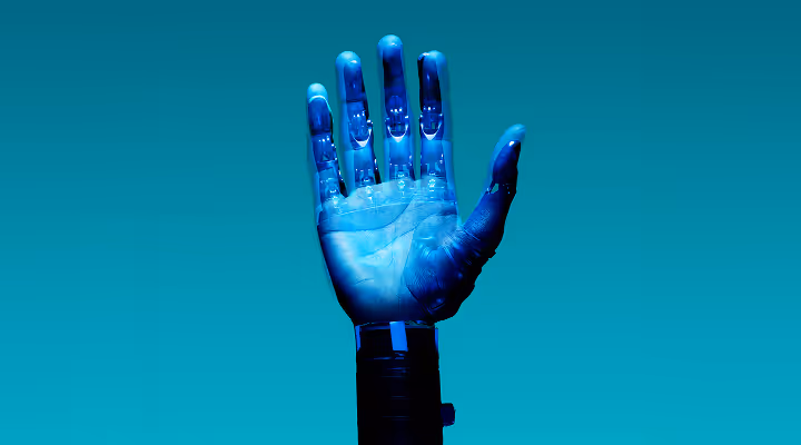 Raised robotic hand with translucent blue fingers against a teal gradient background.