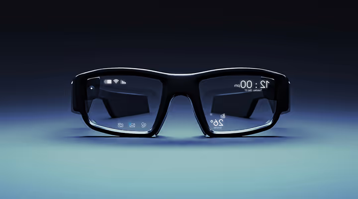 Smart glasses displaying time, date, weather, and notifications on their lenses against a dark background.