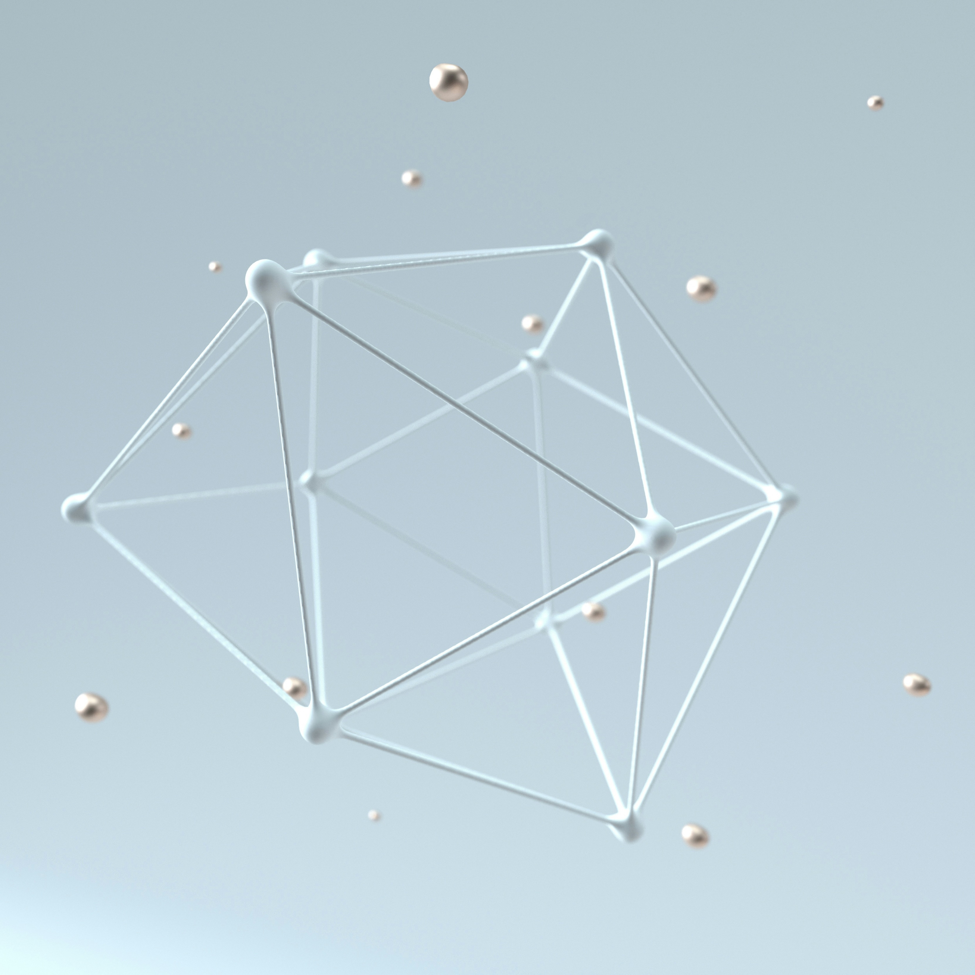 3D geometric wireframe structure with white connecting nodes surrounded by small floating metallic spheres on a light gray background.