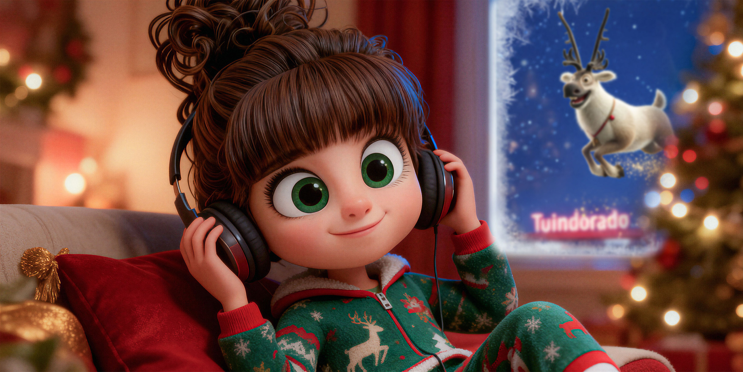Meisje met grote groene ogen in kerstpyjama luistert ontspannen naar muziek met een koptelefoon, met een kerstboom en een vliegende rendier op de achtergrond.