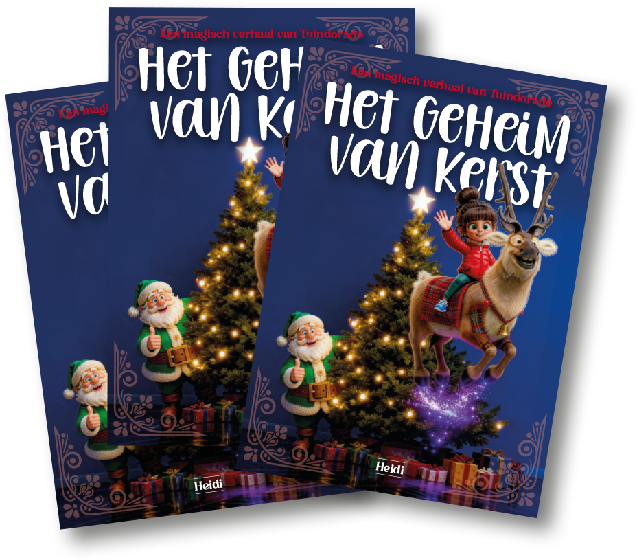 Boekomslag met een kerstboom versierd met lichtjes, een elf in groene kerstkleding die duimen omhoog steekt, en een meisje in rode jas die op een rendier rijdt.
