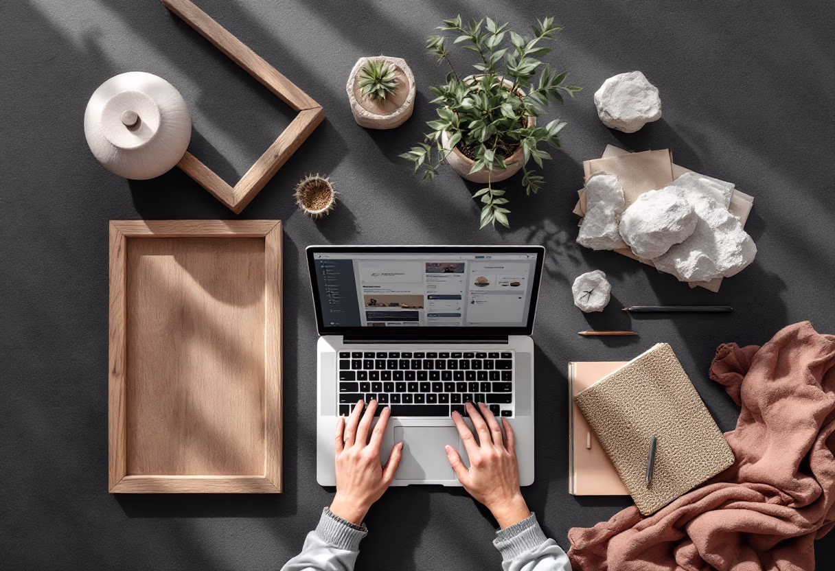 Overhead view of hands typing on a laptop surrounded by wooden trays, plants, notebooks, rocks, and writing tools on a dark surface.