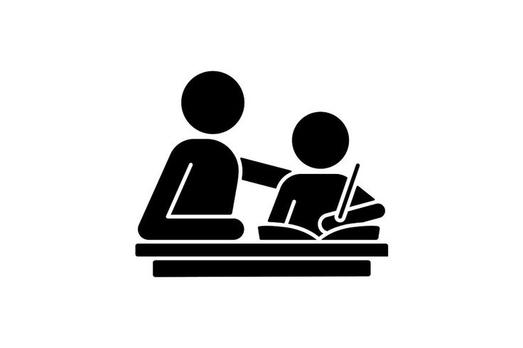Icon of a person helping a child with writing at a desk.