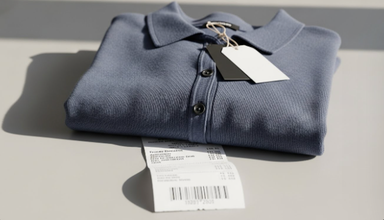 A receipt next to folded clothing with tags still attached