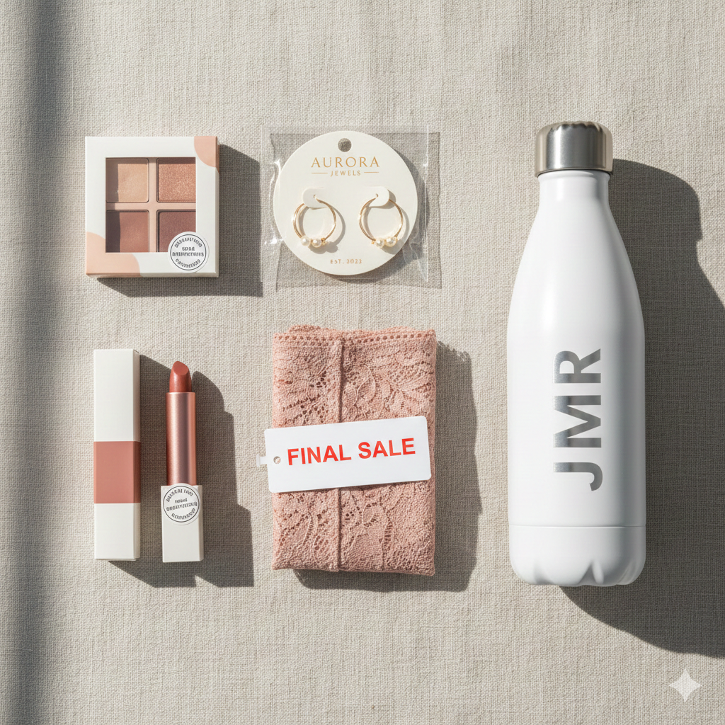 A flat lay of various non-returnable items arranged neatly: unopened underwear with tags, sealed cosmetics, pierced earrings in packaging, and a personalized item with a monogram