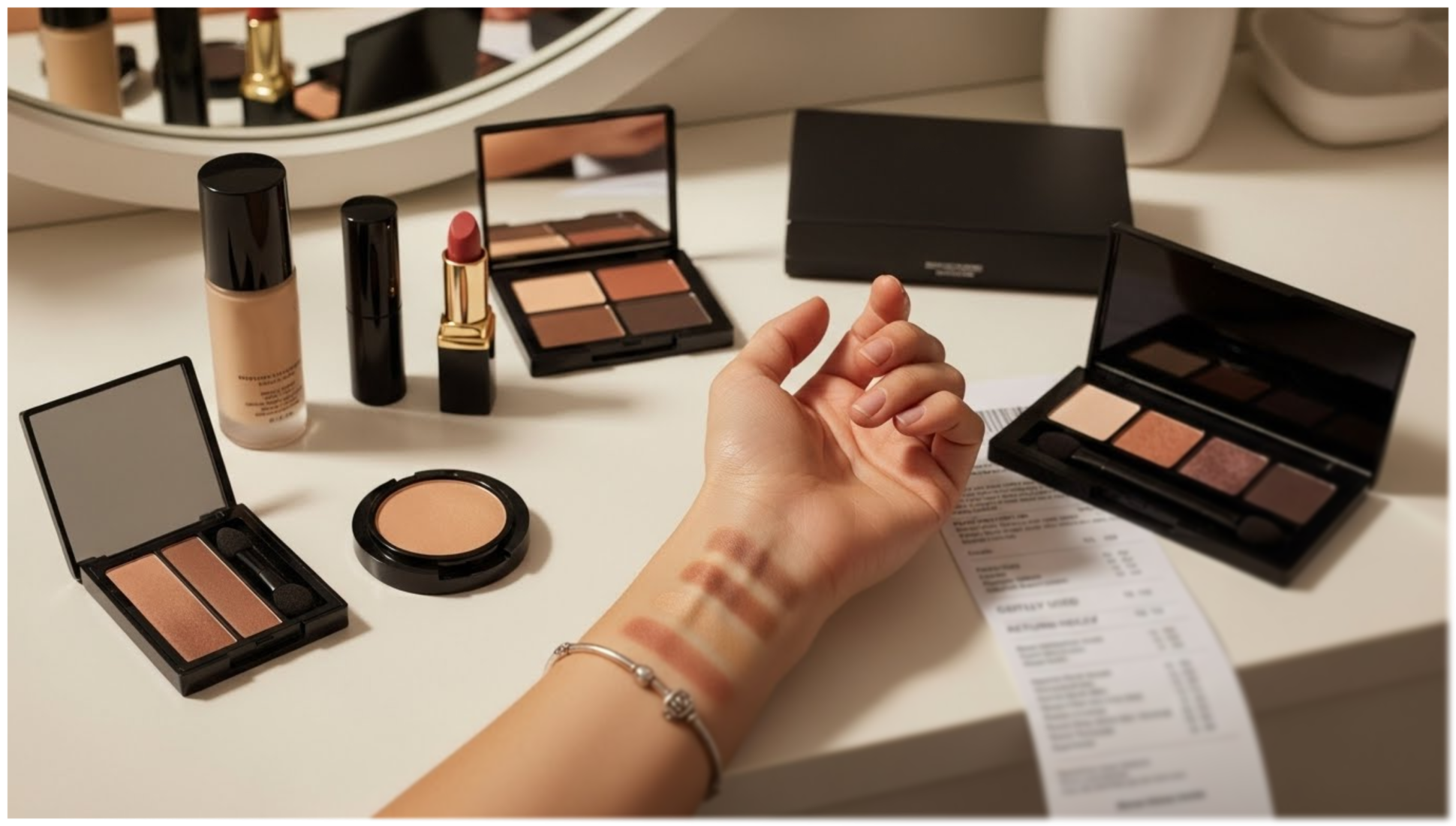 A beauty counter or vanity setup showing various makeup products, some lightly swatched on the back of a hand, with a return receipt and the original packaging nearby, illustrating "gently used."