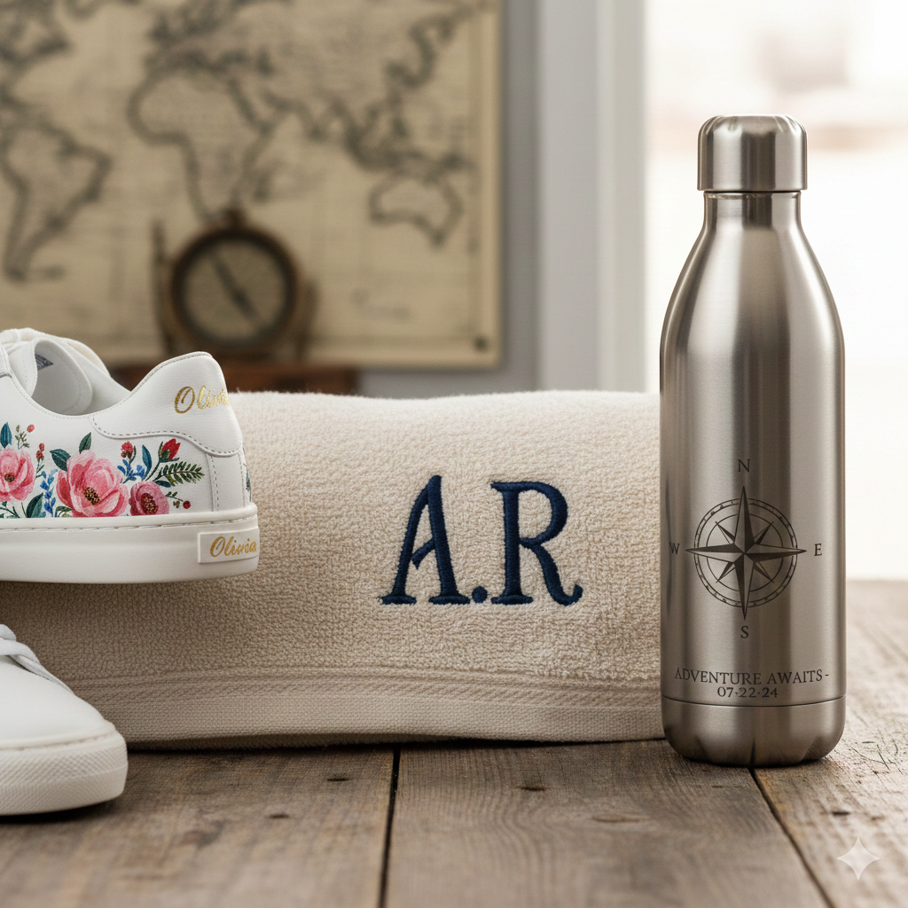 A collection of personalized items: a monogrammed towel, custom sneakers, and an engraved water bottle, showcasing the variety of items that become permanent once customized.
