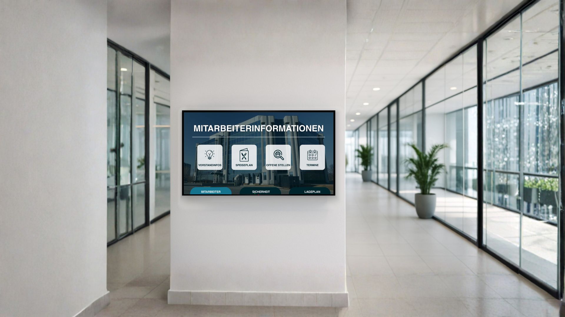 Digital bulletin board in a modern office — internal communication with digital signage