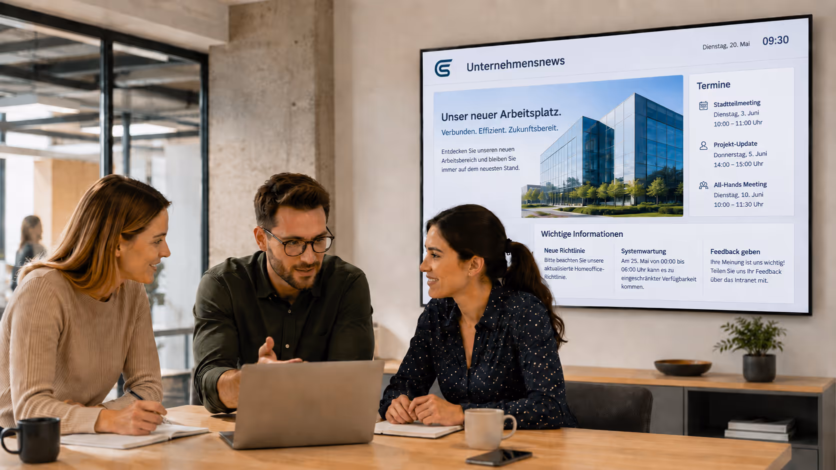 Employees independently manage digital signage content using a no-code platform