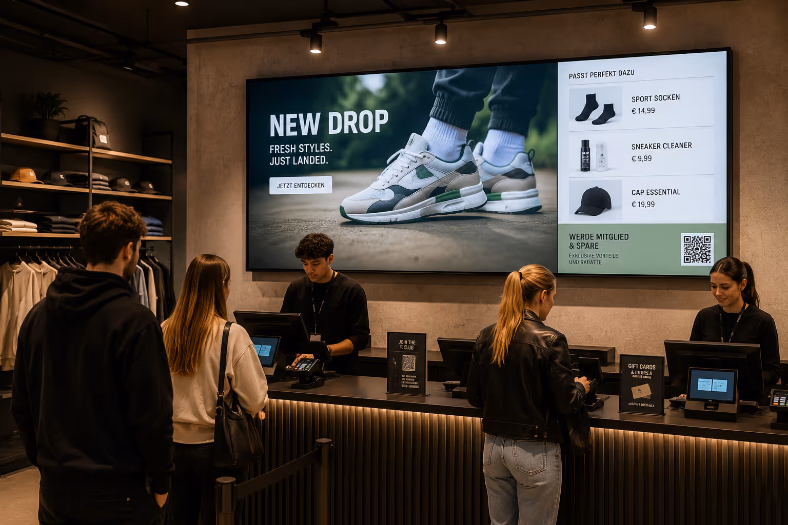 Digital signage in retail makes prices, promotions, advertising, and customer information visible directly at the point of sale.