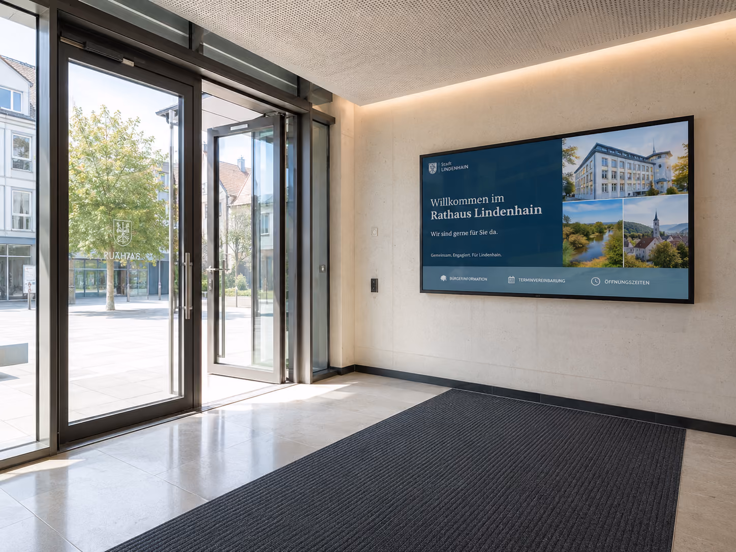 Digital Signage in a public agency displays citizen information, digital wayfinding, and current announcements in waiting areas.