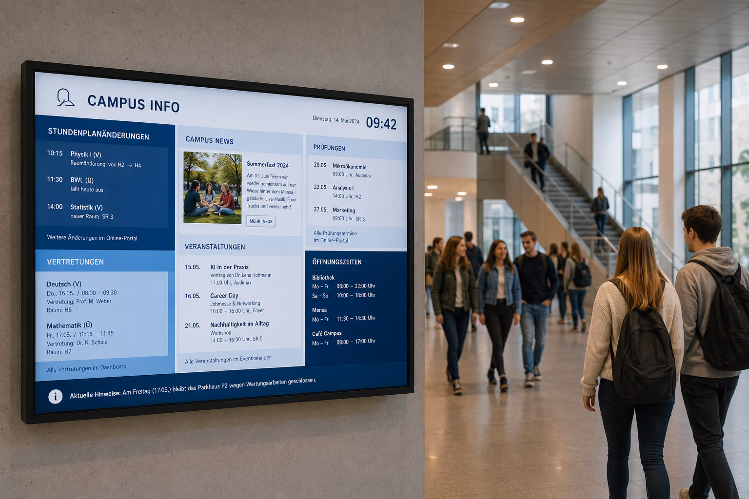 Digital signage in a school displays substitution schedules, appointments, and campus information on digital displays in the foyer