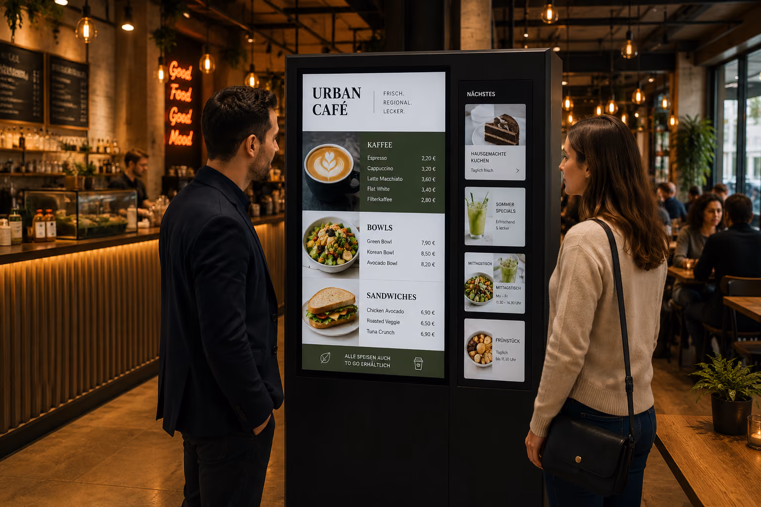 Digital signage in restaurants displays digital menu boards, daily specials, and guest information.