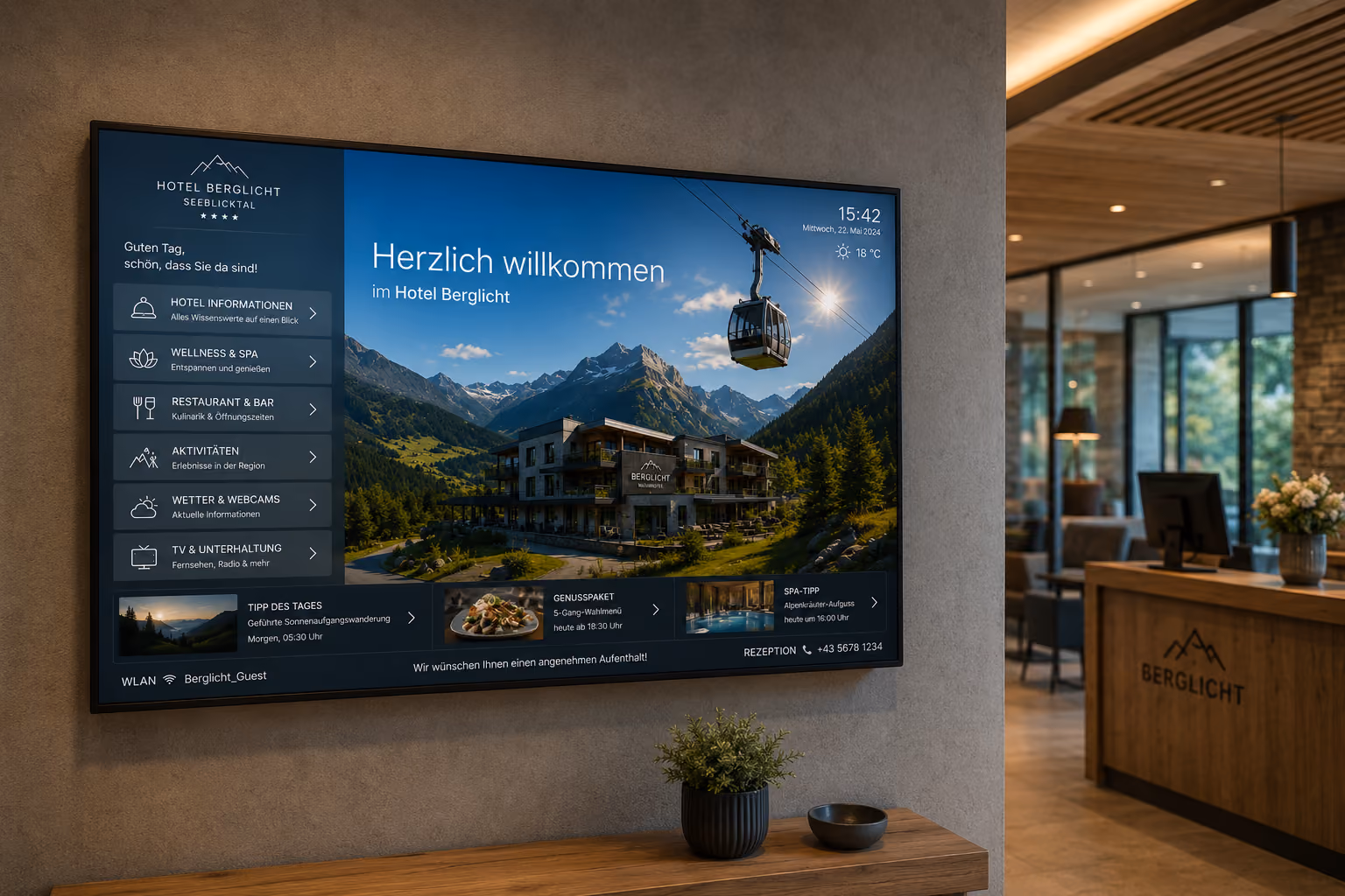 Digital Signage in a hotel lobby displays welcome screens, guest information, and digital wayfinding