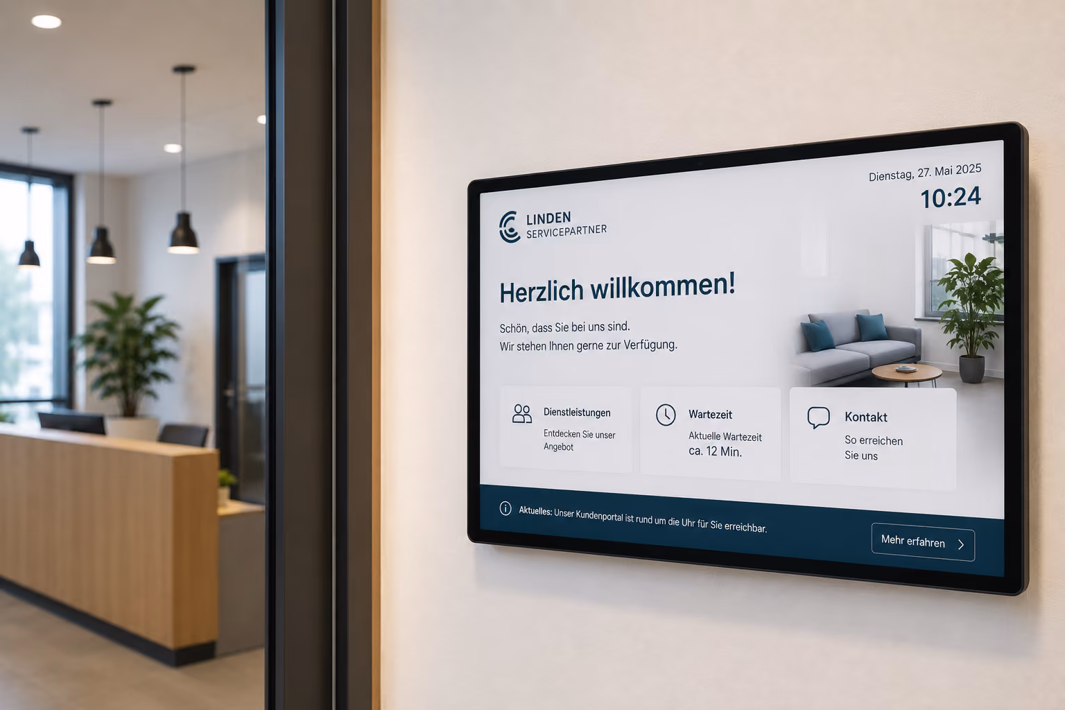 Welcome screen in the reception area displays a personalized greeting, company logo, and directions to the meeting room