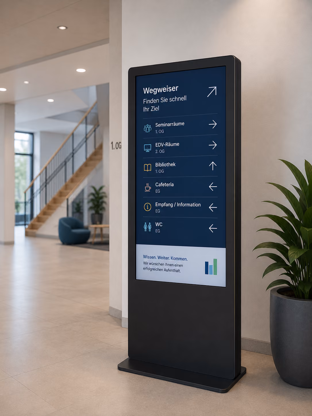 Digital wayfinding in the foyer displays room occupancy, directional arrows, and orientation for visitors