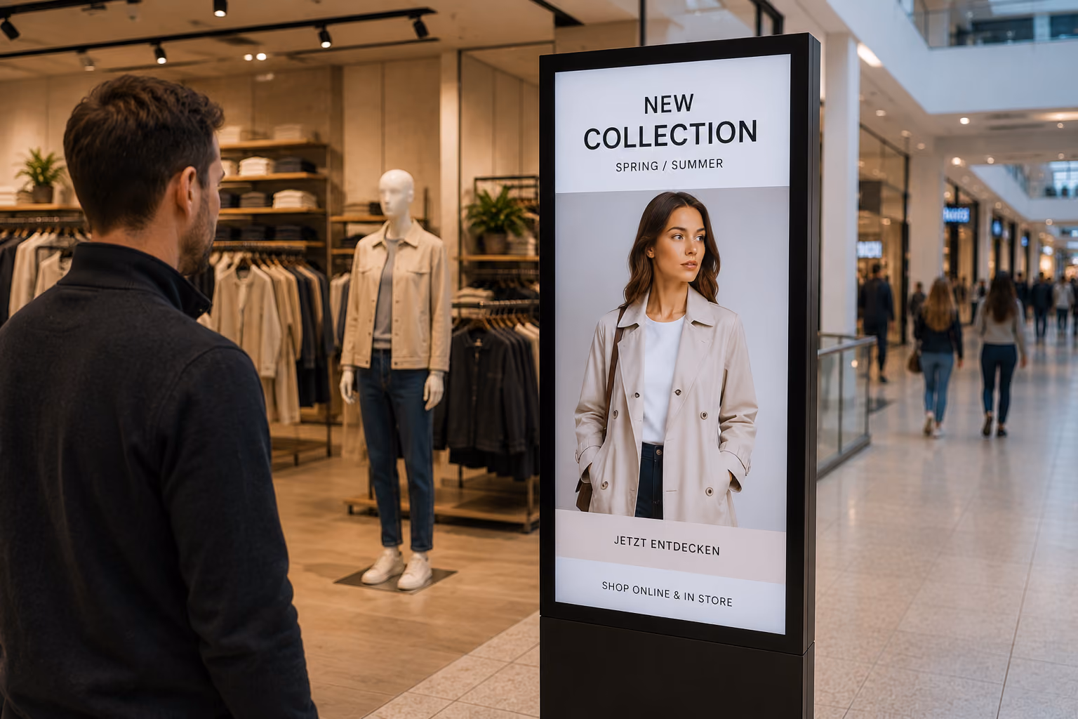 Werbedisplay im Einzelhandel zeigt Aktionen, Produktwerbung und Markeninhalte direkt am Point of Sale
