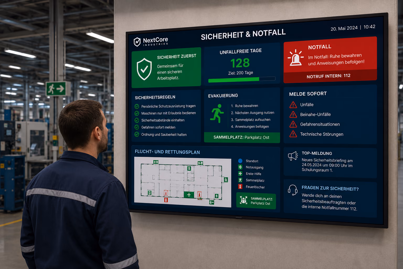 Displays show emergency notices, evacuation information, and safety messages in a building