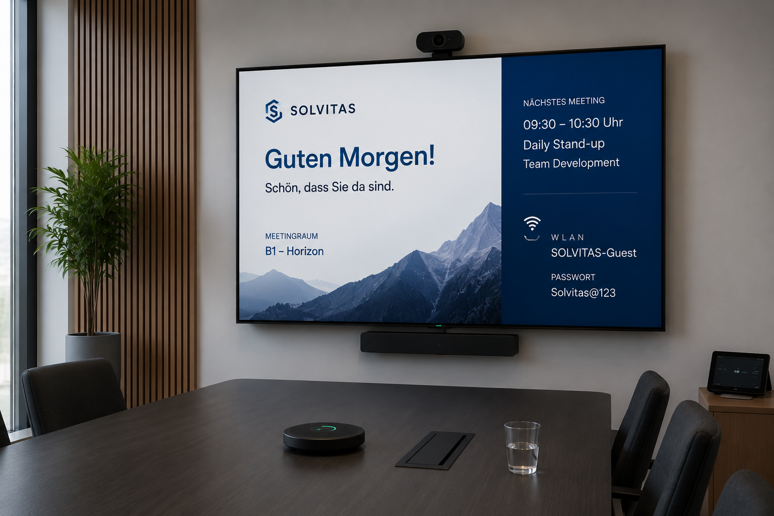 Meeting Room Display shows agenda, room status, and company information in a modern meeting room