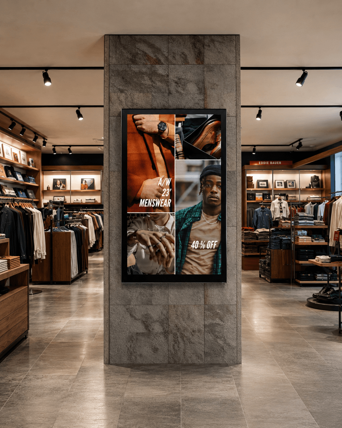 Large-format digital signage display in a fashion store window showcasing campaigns and collections.