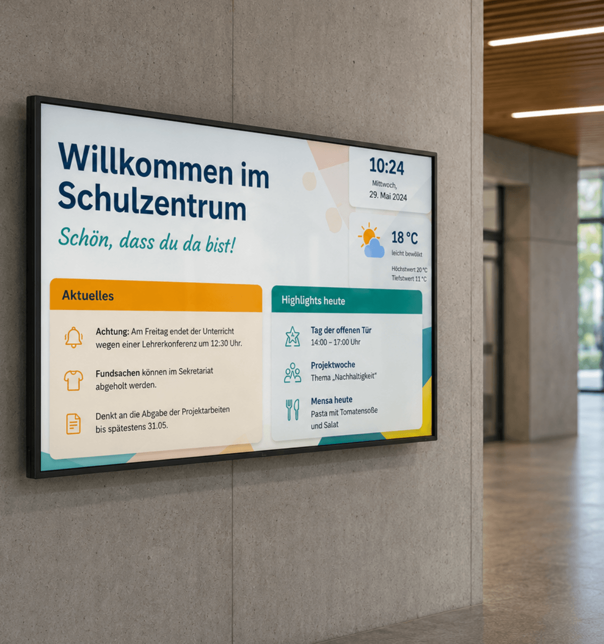 Welcome screen in a school showing current appointments, notices and visitor information via connectSignage.