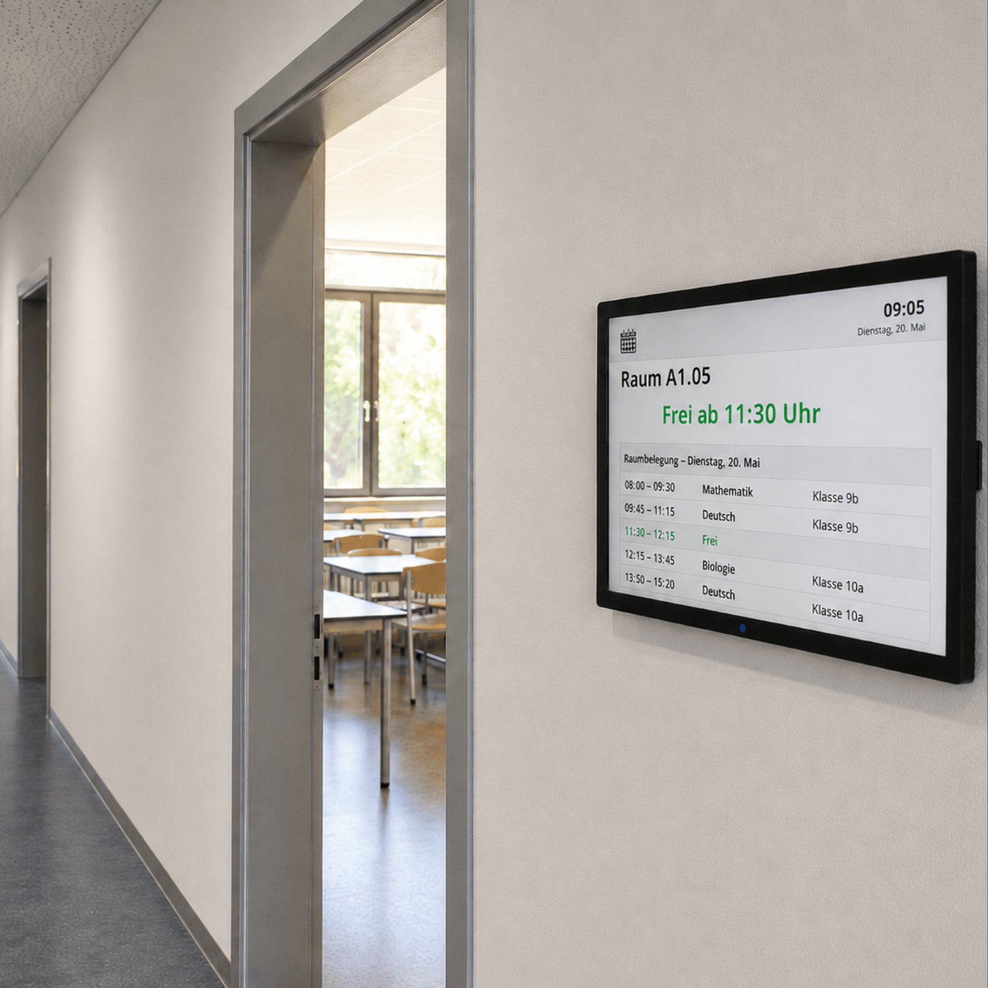 Digital room booking in a school showing current bookings for specialist rooms, meeting rooms and teacher workspaces.