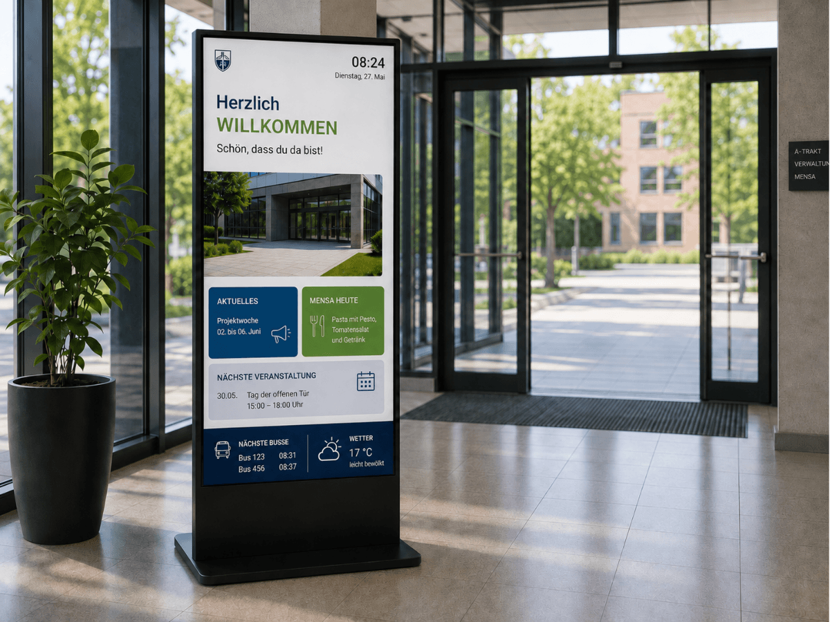Digital Signage Display in einer Schule zeigt Welcome Screen, Termine und digitale Raumbuchung für mehr Orientierung im Schulalltag.