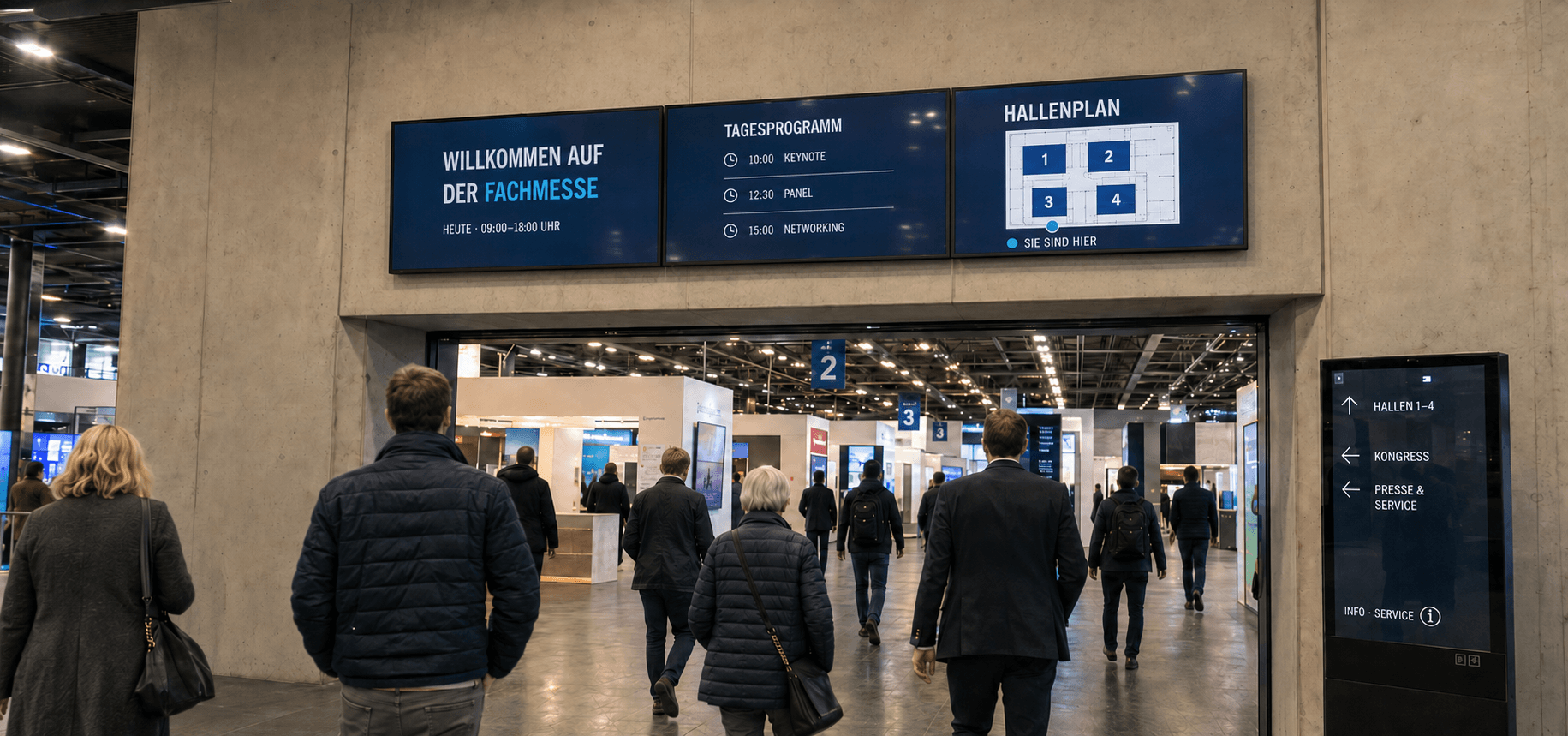 Digitales Display informiert Besucher auf einer Messe über Programm, Hallen und Wege