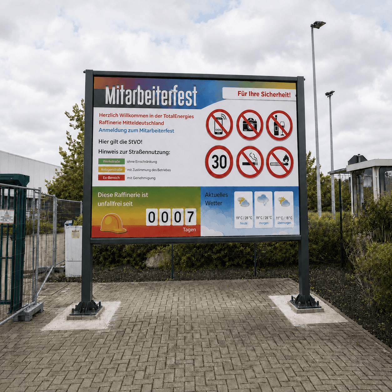 Digitale Stele bei TotalEnergies zeigt aktuelle Sicherheitskennzahlen und unterstützt die interne Kommunikation.