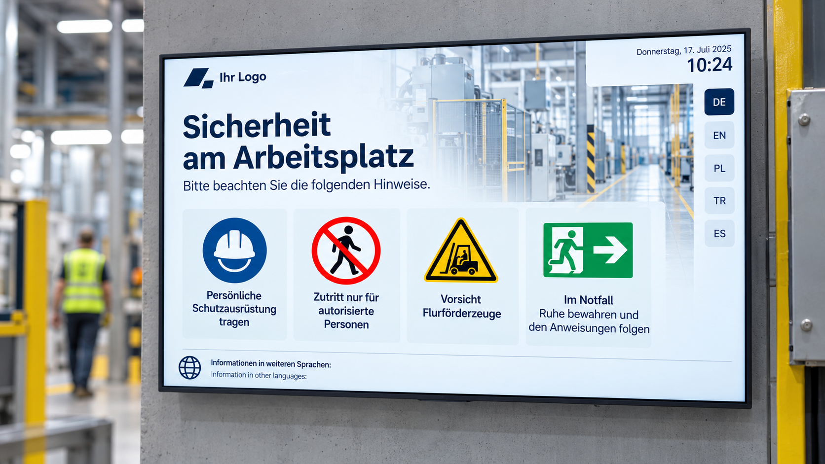 Display zeigt Notfallhinweis, Evakuierungsinformation und Sicherheitsmeldung in einem Gebäude