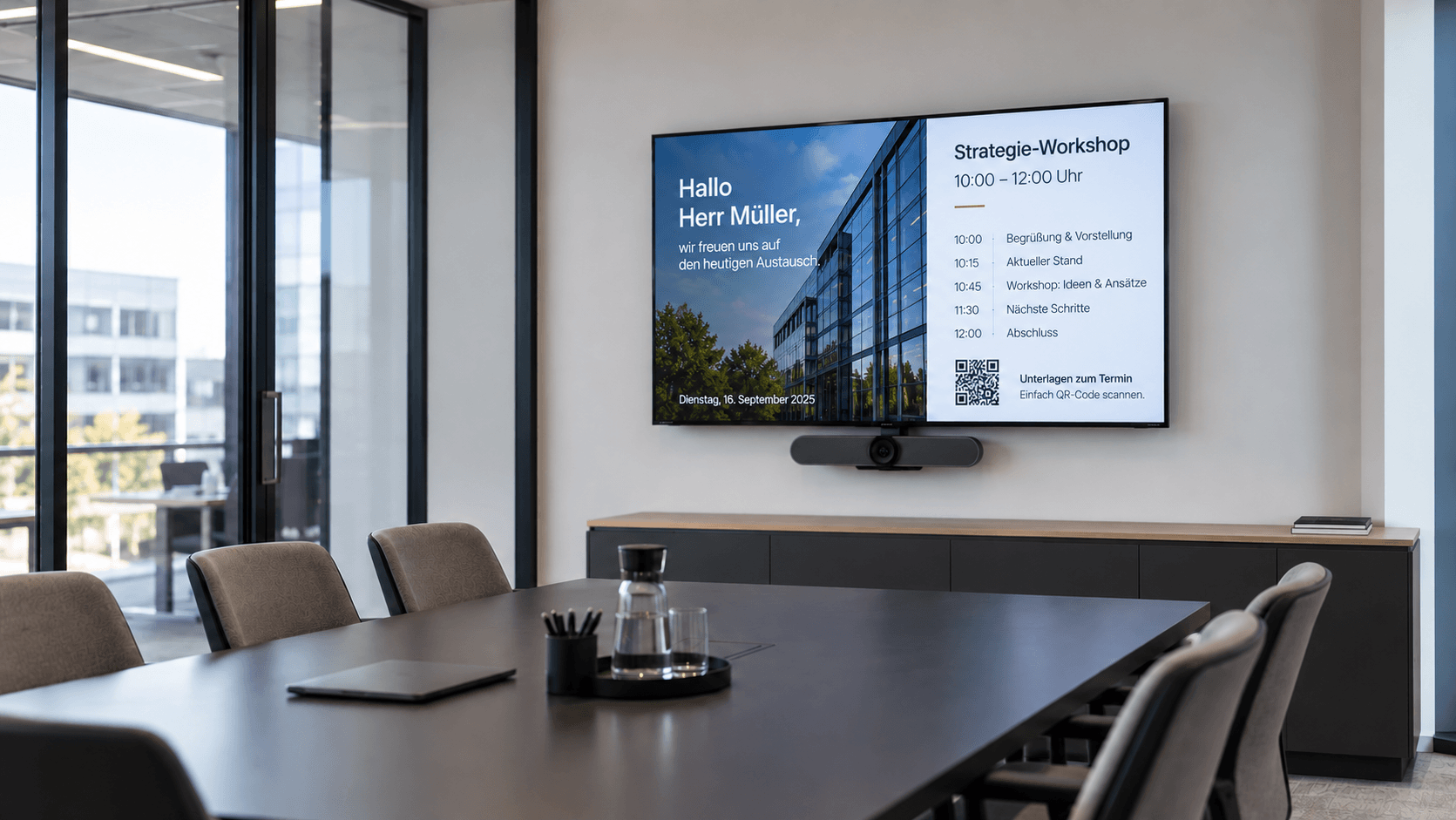 Meetingraum-Display zeigt Agenda, Raumstatus und Unternehmensinformationen in einem modernen Besprechungsraum