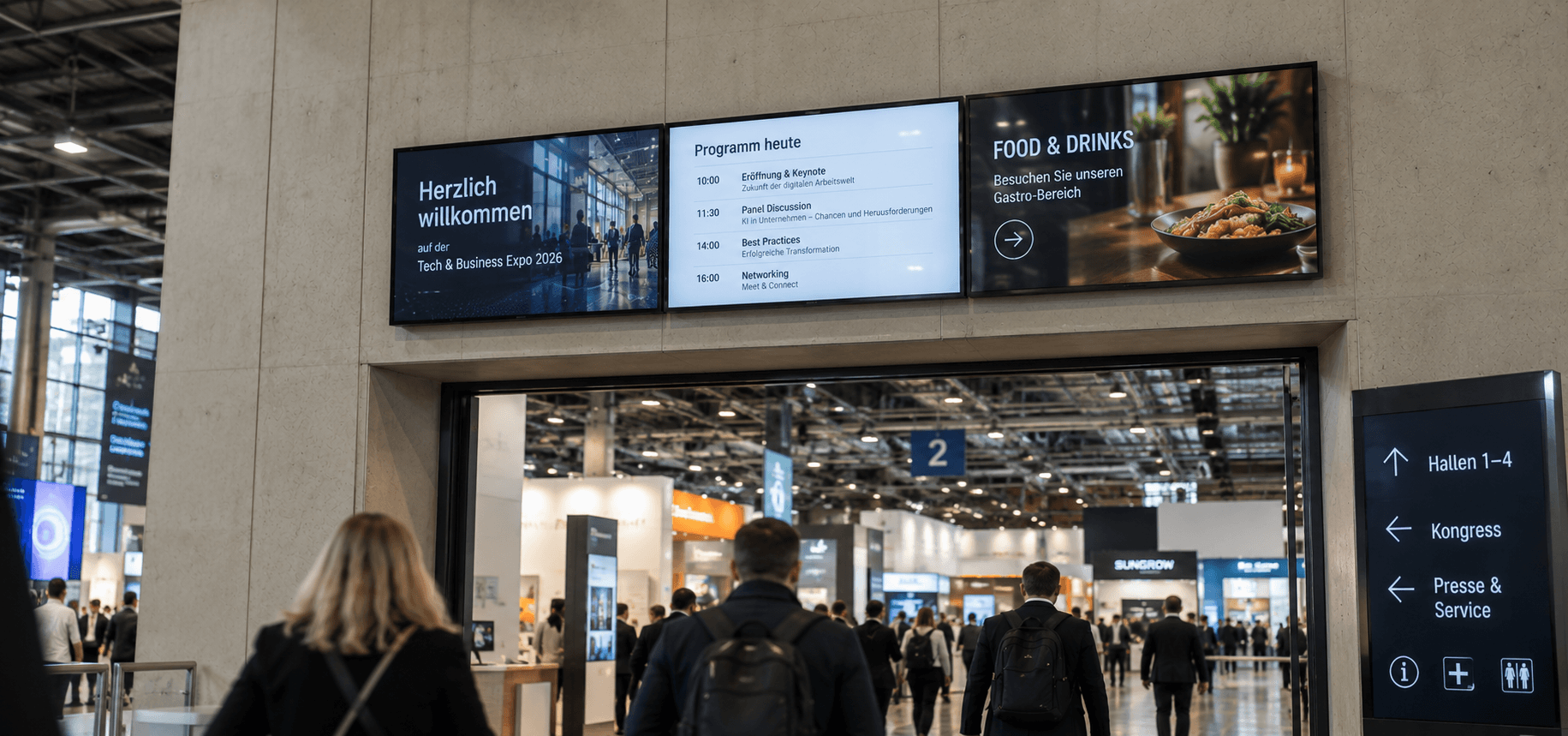 Digital displays inform visitors at a trade fair about the program, halls, and directions