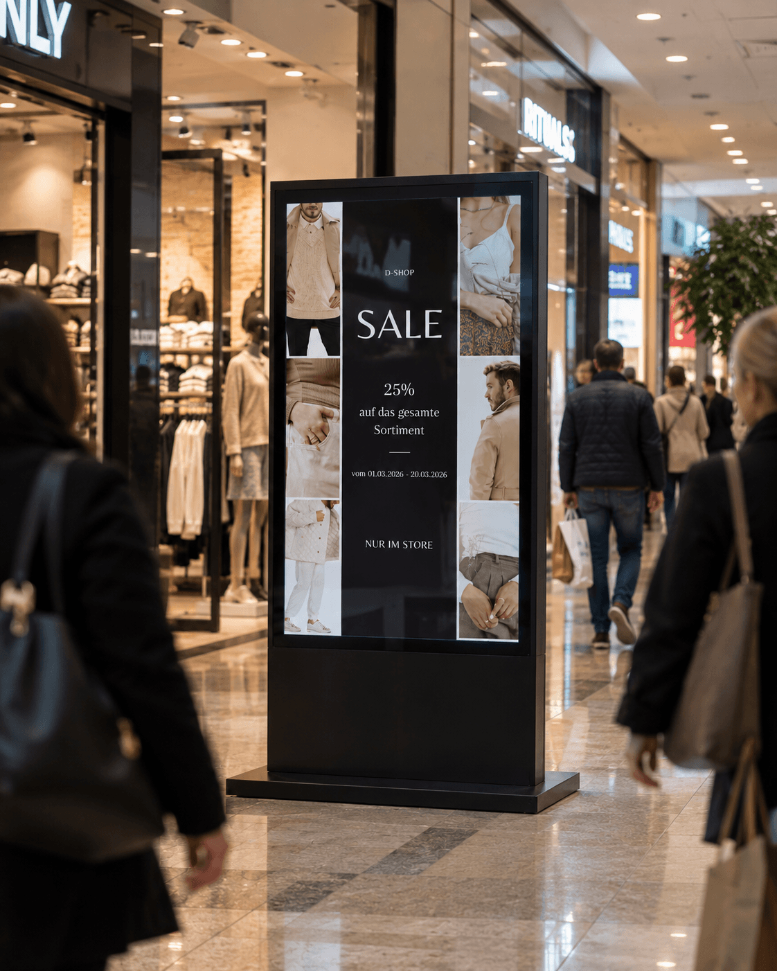 Digital sidewalk sign displaying current offers in front of a store in a shopping mall