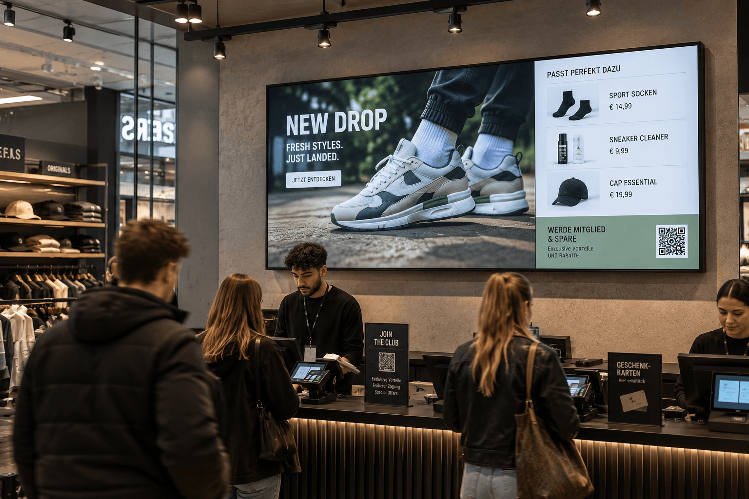 Digital signage in retail makes prices, promotions, advertising, and customer information visible directly at the point of sale.