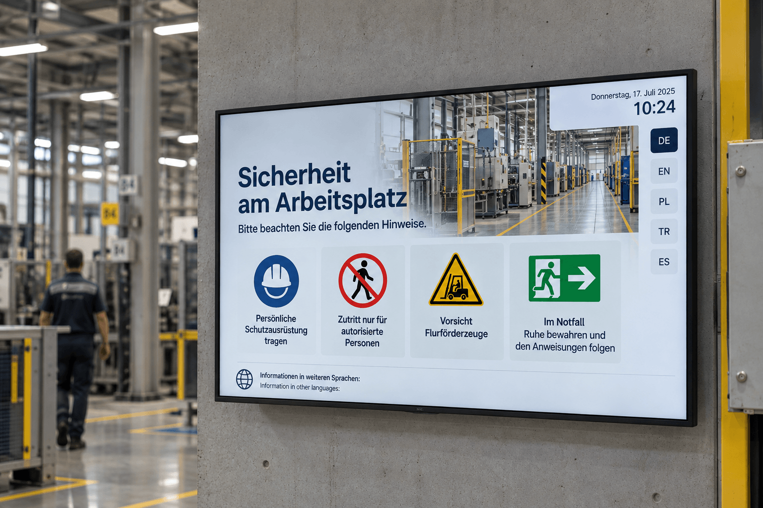 Displays show emergency notices, evacuation information, and safety messages in a building