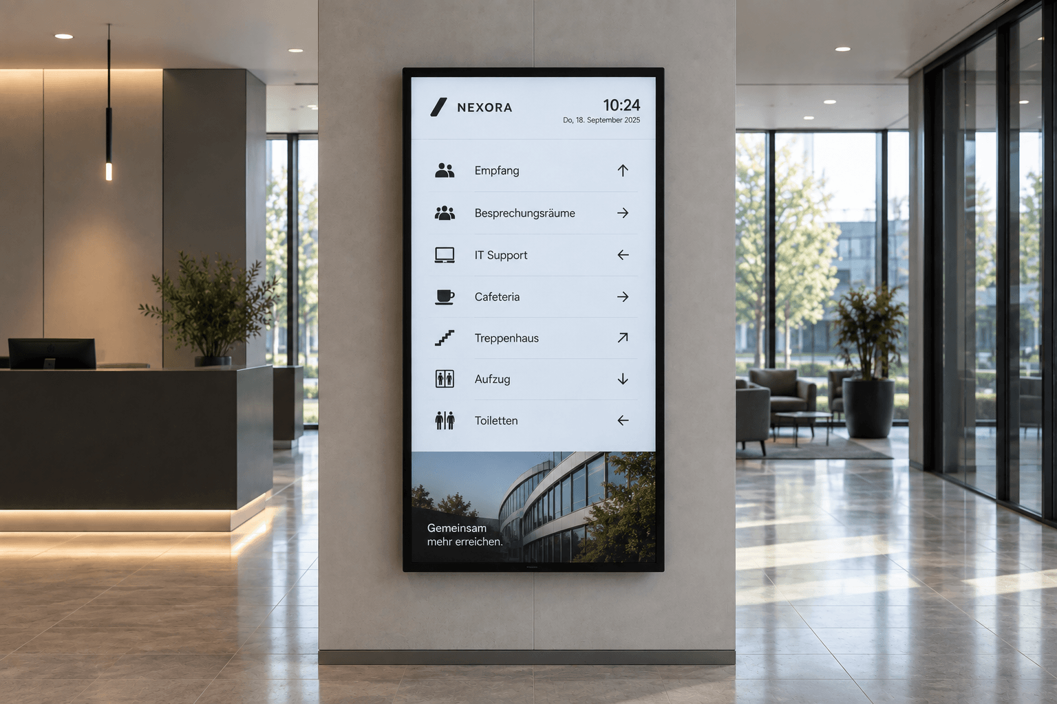Digitale Wegeleitung im Foyer zeigt Raumbelegung, Richtungspfeile und Orientierung für Besucher