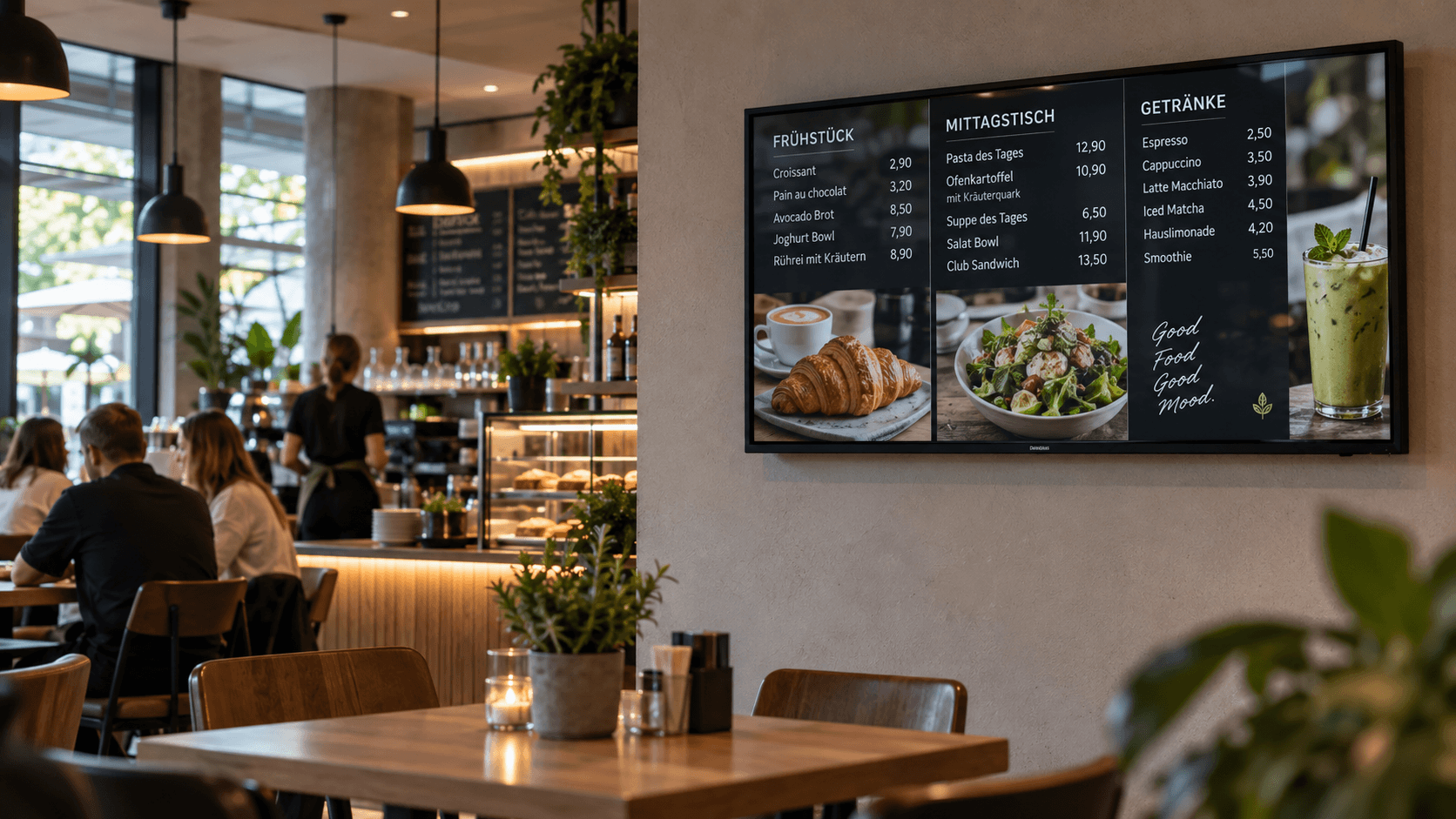 Digital Signage in der Gastronomie zeigt digitale Menüboards, Tagesangebote und Gästeinformationen im Restaurant