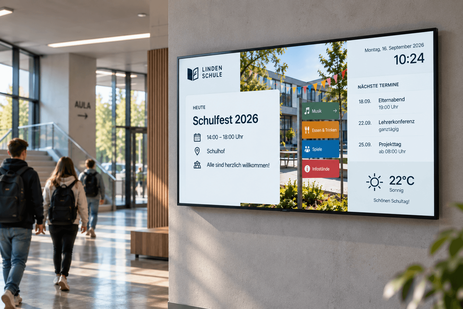 Digital Signage in einer Schule zeigt Vertretungspläne, Termine und Campus-Informationen auf digitalen Displays im Foyer