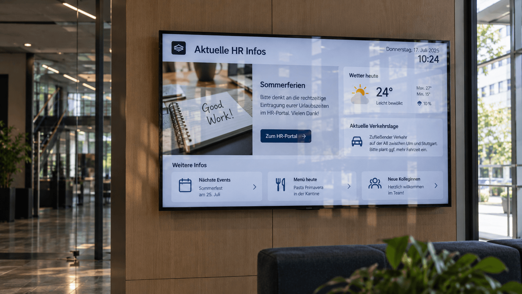 Digital bulletin board in a modern office — internal communication with digital signage