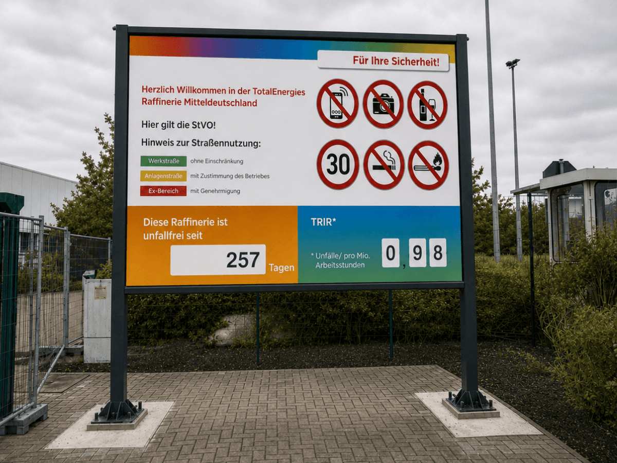 Digital Signage display at TotalEnergies showing current safety information
