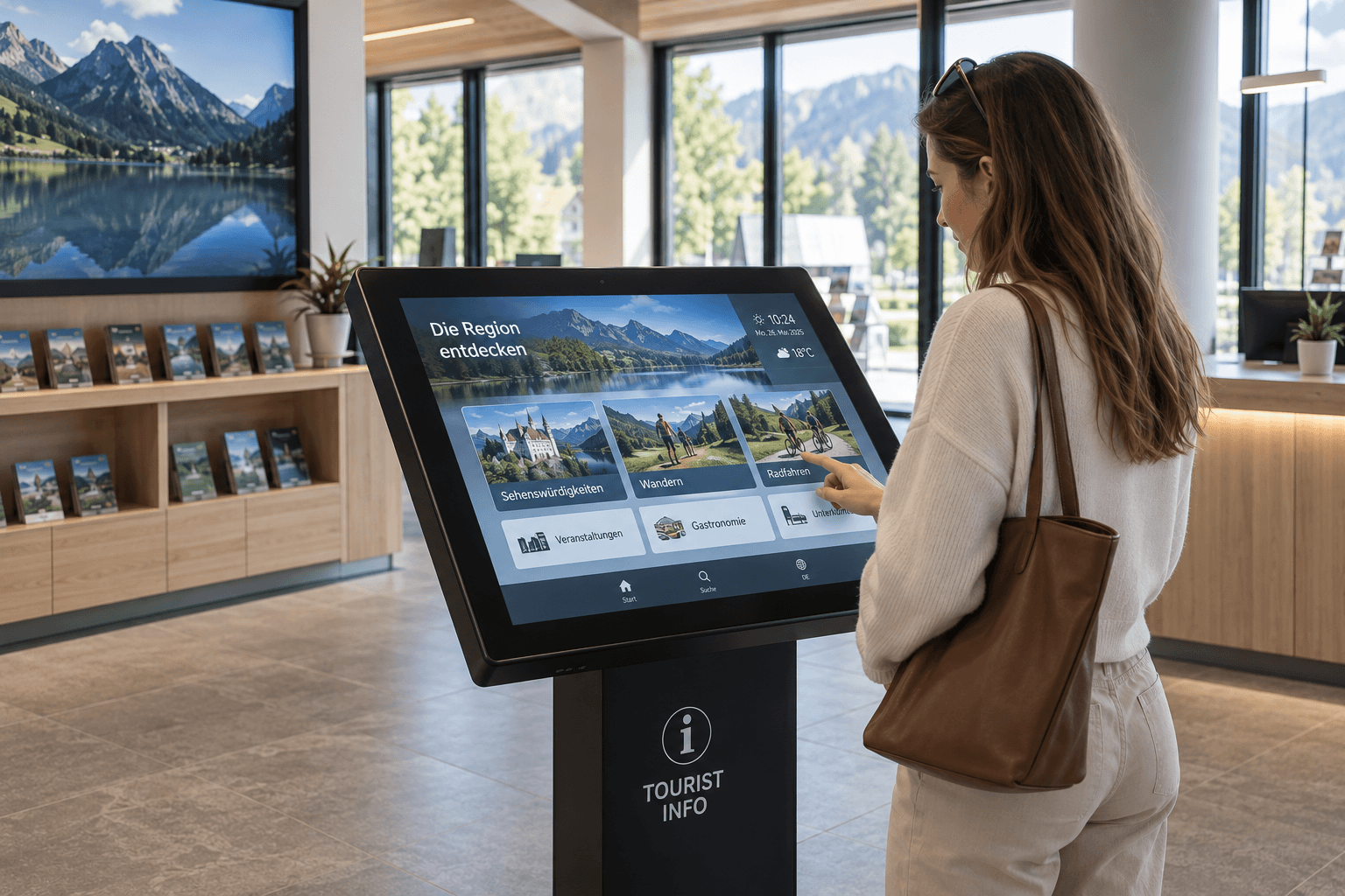 Digitales Infodisplay mit aktuellen Informationen und Kennzahlen in einem Unternehmensbereich