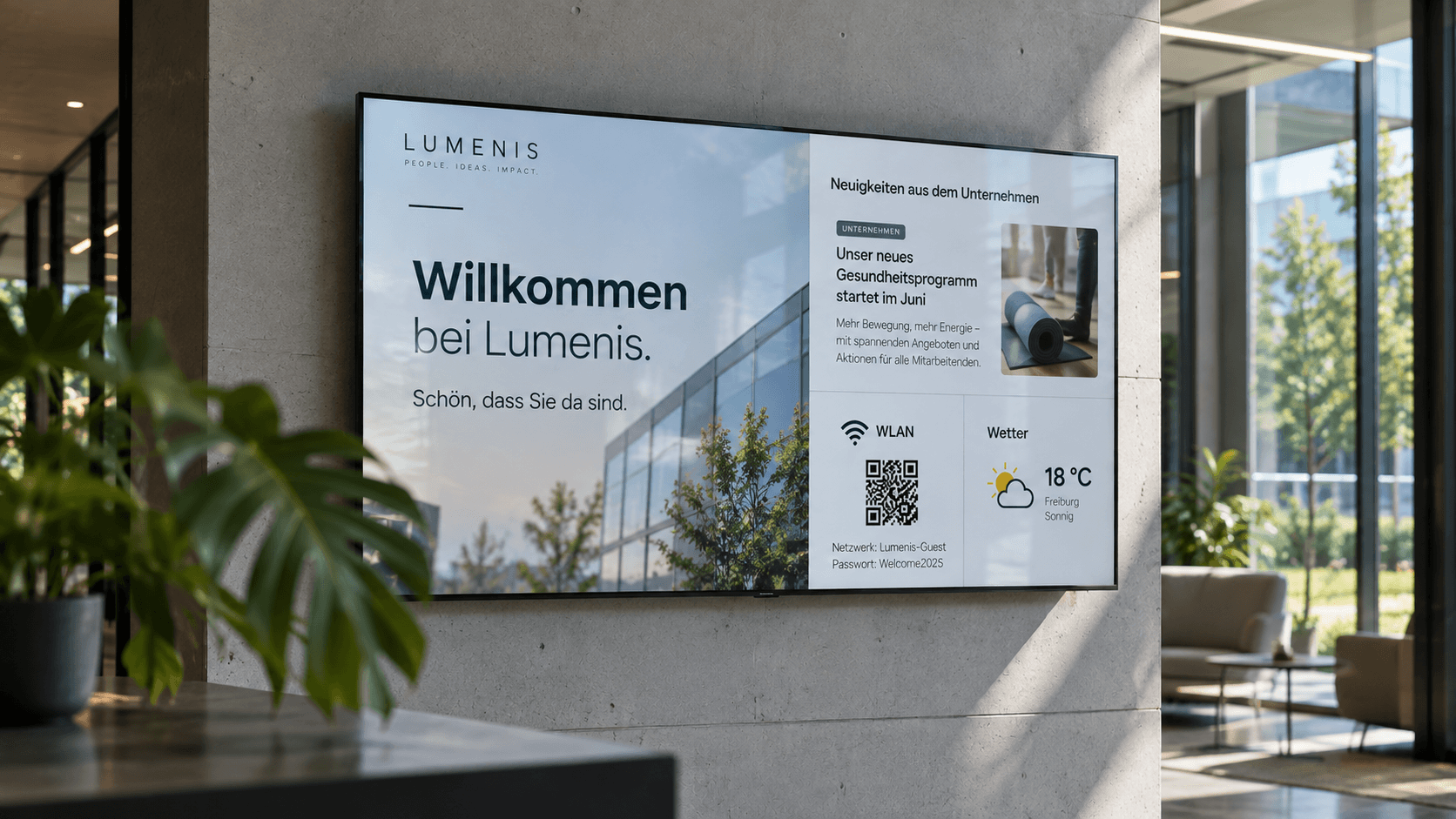 Digitaler Welcome-Screen zur Begrüßung und Orientierung von Gästen im Empfangsbereich