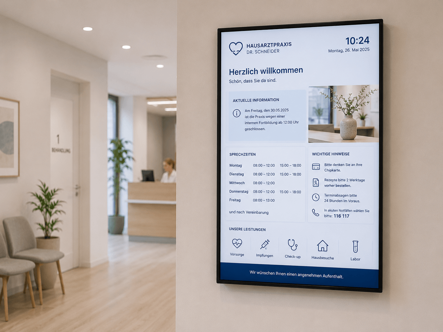 Digitales Informationsdisplay in einer Arztpraxis für verlässliche Patientenkommunikation