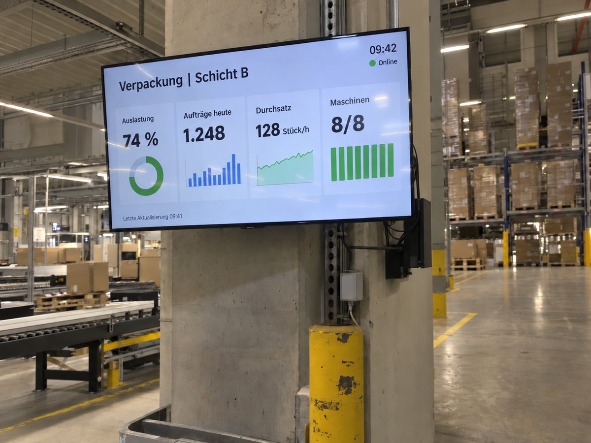 Illustrative Darstellung eines Shopfloor-Displays im Lager mit Kennzahlen für Verpackung und Schicht B.