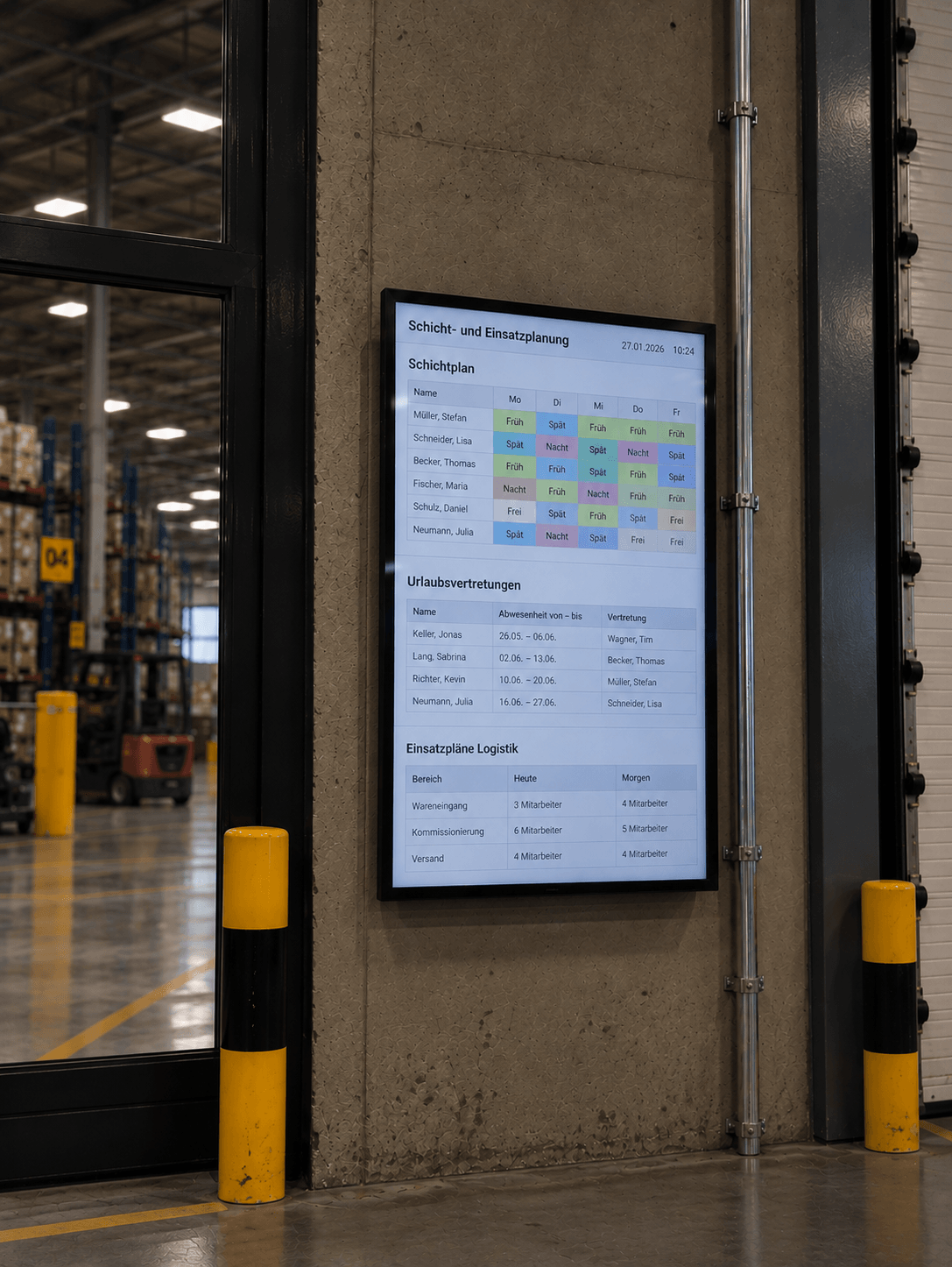 Illustrative Darstellung eines Touch-Infoboards mit Navigation nach Bereichen und Stockwerken sowie Zugängen zu Planungsinformationen im Logistikzentrum.