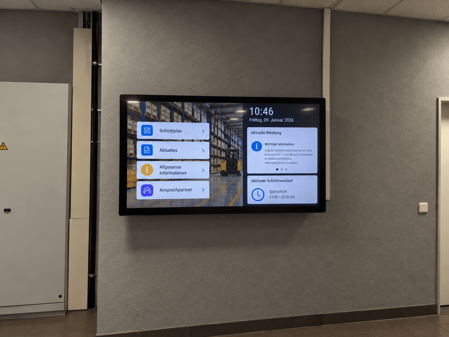 Digitales Logistik-Board auf dem Büroflur