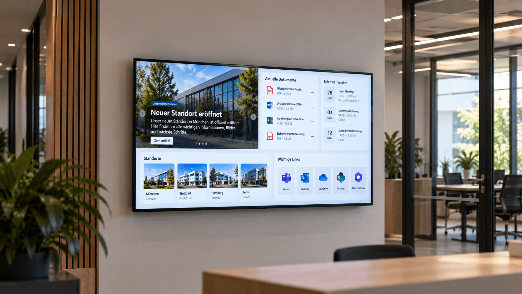Wanddisplay im Büro mit Unternehmensnachrichten, Terminen und Microsoft-Anwendungen.